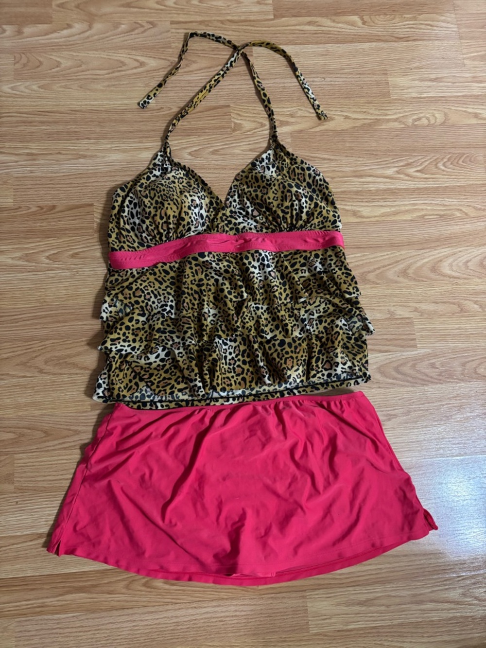 Catalina Leopard Print Ruffle Halter Tankini with Bright Pink Skirt